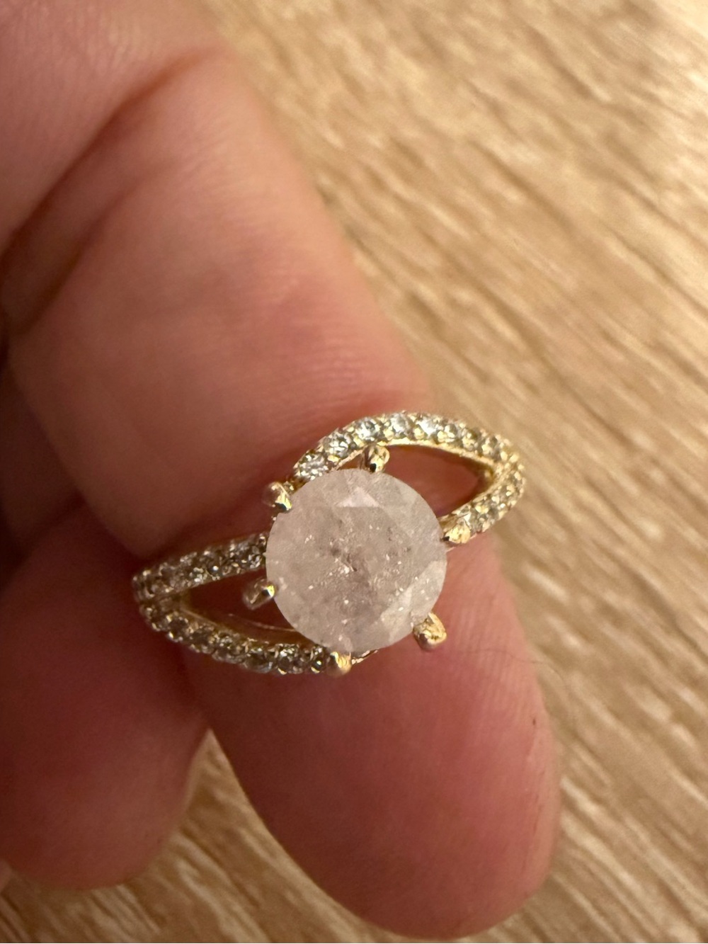 Gold-Tone Ring with Round Baby Pink Center Stone and Pavé Band